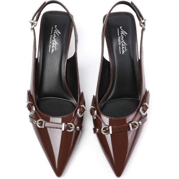 Women's Dark Brown Pointed Toe Pumps Patent Leather Slingback Heels With Buckle - Picture 5 of 9